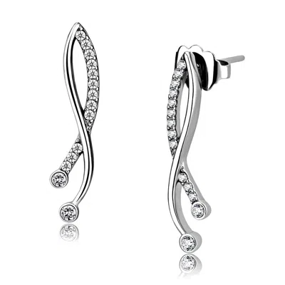 Fashnzfab High Polished (no Plating) Stainless Steel Earrings With Aaa Grade Cz In Clear In Metallic