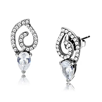 Fashnzfab High Polished (no Plating) Stainless Steel Earrings With Aaa Grade Cz In Clear In Metallic
