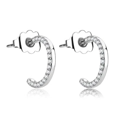 Fashnzfab High Polished (no Plating) Stainless Steel Earrings With Aaa Grade Cz In Clear In Metallic