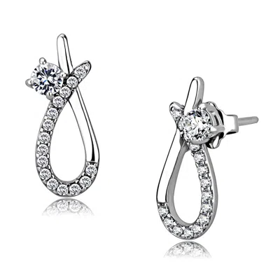 Fashnzfab High Polished (no Plating) Stainless Steel Earrings With Aaa Grade Cz In Clear In Metallic