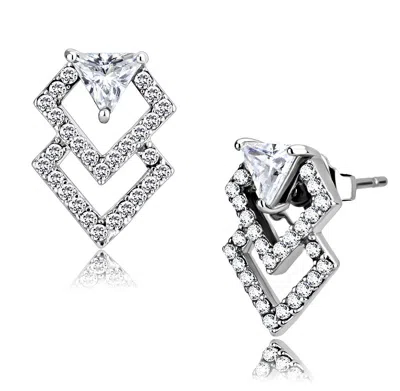Fashnzfab High Polished (no Plating) Stainless Steel Earrings With Aaa Grade Cz In Clear In Metallic