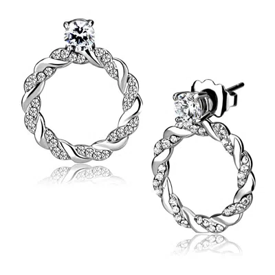 Fashnzfab High Polished (no Plating) Stainless Steel Earrings With Aaa Grade Cz In Clear In Multi