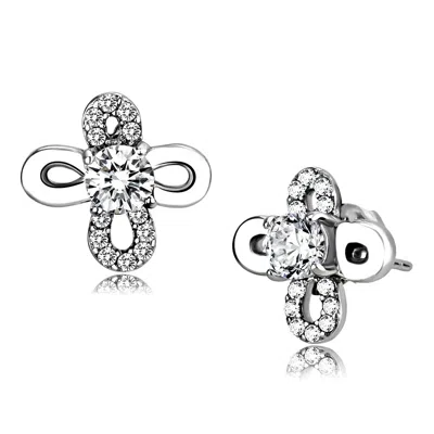 Fashnzfab High Polished (no Plating) Stainless Steel Earrings With Aaa Grade Cz In Clear In Metallic