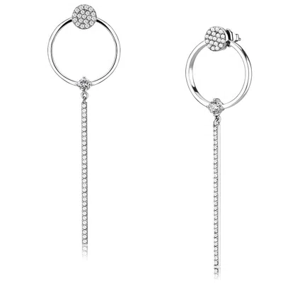 Fashnzfab High Polished (no Plating) Stainless Steel Earrings With Aaa Grade Cz In Clear In Silver