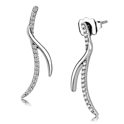 Fashnzfab High Polished (no Plating) Stainless Steel Earrings With Aaa Grade Cz In Clear In Silver