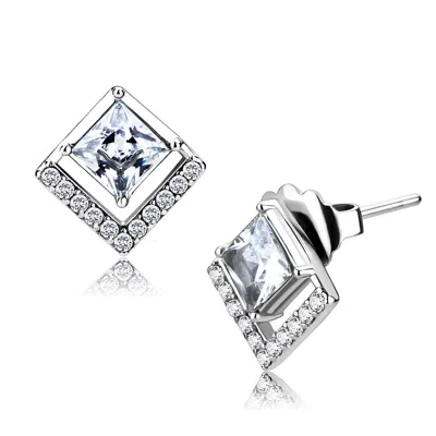 Fashnzfab High Polished (no Plating) Stainless Steel Earrings With Aaa Grade Cz In Clear In Silver