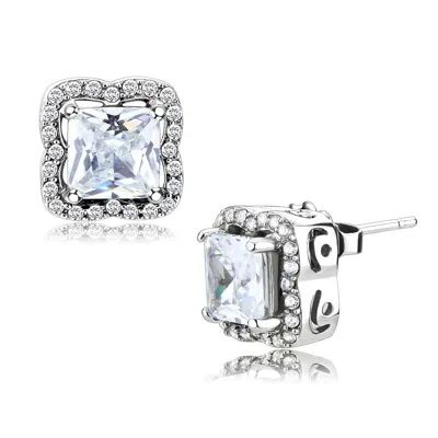 Fashnzfab High Polished (no Plating) Stainless Steel Earrings With Aaa Grade Cz In Clear In Silver
