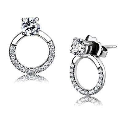 Fashnzfab High Polished (no Plating) Stainless Steel Earrings With Aaa Grade Cz In Clear In Silver