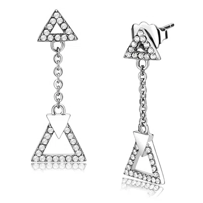 Fashnzfab High Polished (no Plating) Stainless Steel Earrings With Aaa Grade Cz In Clear In Silver