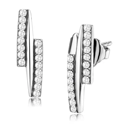 Fashnzfab High Polished (no Plating) Stainless Steel Earrings With Aaa Grade Cz In Clear In Silver