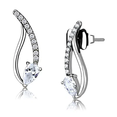 Fashnzfab High Polished (no Plating) Stainless Steel Earrings With Aaa Grade Cz In Clear In Silver