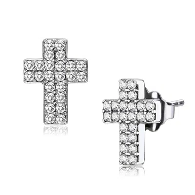 Fashnzfab High Polished (no Plating) Stainless Steel Earrings With Aaa Grade Cz In Clear In White