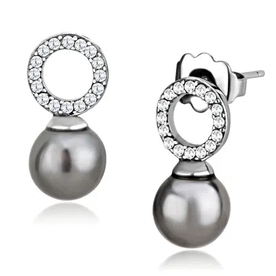 Fashnzfab High Polished (no Plating) Stainless Steel Earrings With Synthetic Pearl In Gray
