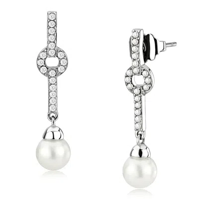 Fashnzfab High Polished (no Plating) Stainless Steel Earrings With Synthetic Pearl In White In Metallic