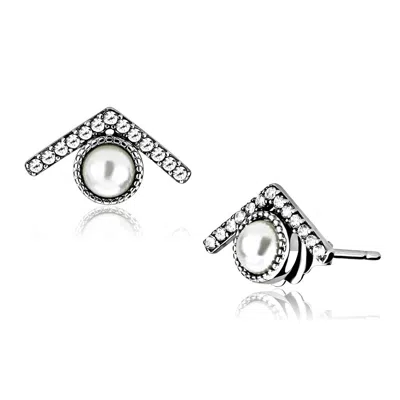 Fashnzfab High Polished (no Plating) Stainless Steel Earrings With Synthetic Pearl In White In Multi