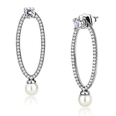 Fashnzfab High Polished (no Plating) Stainless Steel Earrings With Synthetic Pearl In White In Silver