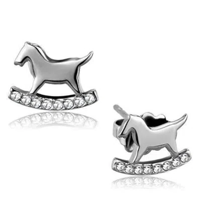 Fashnzfab High Polished (no Plating) Stainless Steel Earrings With Top Grade Crystal In Clear In Metallic