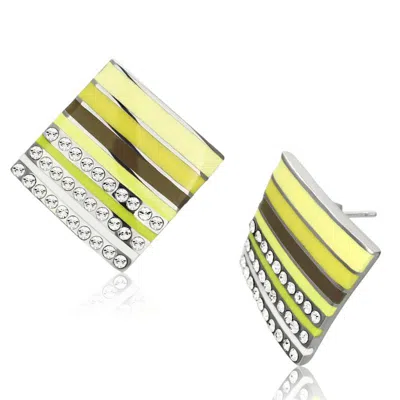Fashnzfab High Polished (no Plating) Stainless Steel Earrings With Top Grade Crystal In Clear In Yellow