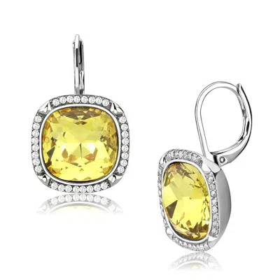 Fashnzfab High Polished (no Plating) Stainless Steel Earrings With Top Grade Crystal In Topaz In Metallic
