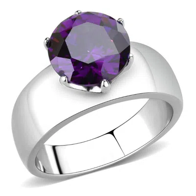 Fashnzfab High Polished (no Plating) Stainless Steel Ring With Aaa Grade Cz In Amethyst In Metallic