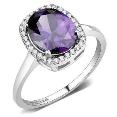 Fashnzfab High Polished (no Plating) Stainless Steel Ring With Aaa Grade Cz In Amethyst In Metallic