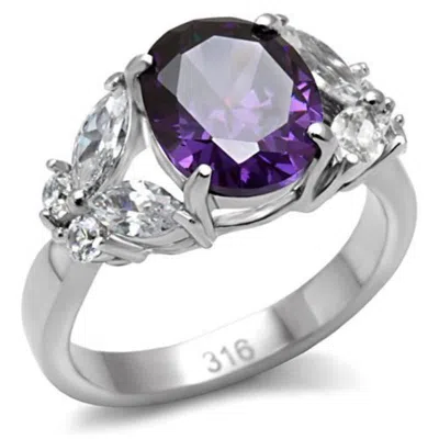Fashnzfab High Polished (no Plating) Stainless Steel Ring With Aaa Grade Cz In Amethyst In Metallic
