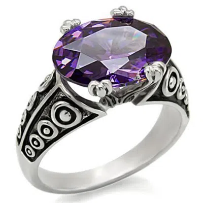 Fashnzfab High Polished (no Plating) Stainless Steel Ring With Aaa Grade Cz In Amethyst In Silver