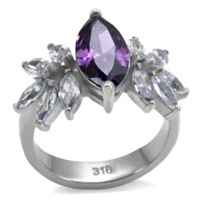 Fashnzfab High Polished (no Plating) Stainless Steel Ring With Aaa Grade Cz In Amethyst In Silver