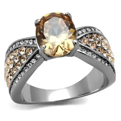 Fashnzfab High Polished (no Plating) Stainless Steel Ring With Aaa Grade Cz In Champagne In Metallic
