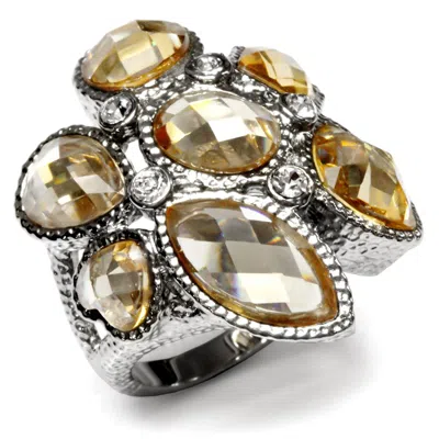 Fashnzfab High Polished (no Plating) Stainless Steel Ring With Aaa Grade Cz In Champagne In Multi