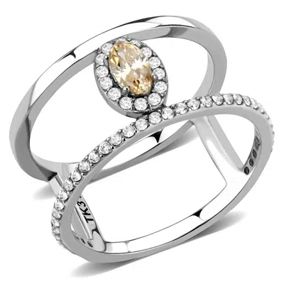Fashnzfab High Polished (no Plating) Stainless Steel Ring With Aaa Grade Cz In Champagne In Metallic