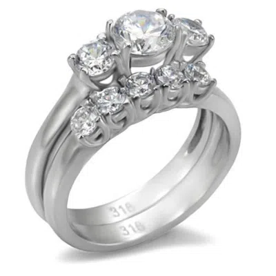 Fashnzfab High Polished (no Plating) Stainless Steel Ring With Aaa Grade Cz In Clear In Metallic