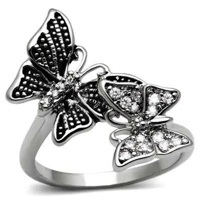Fashnzfab High Polished (no Plating) Stainless Steel Ring With Aaa Grade Cz In Clear In Metallic