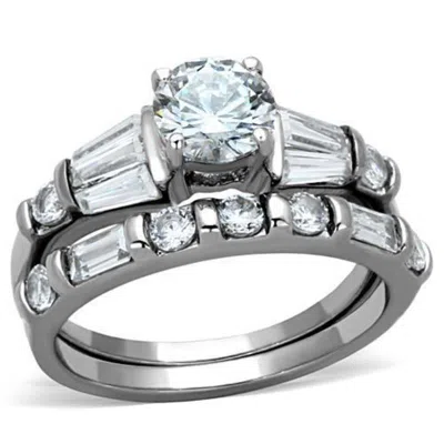 Fashnzfab High Polished (no Plating) Stainless Steel Ring With Aaa Grade Cz In Clear In Metallic