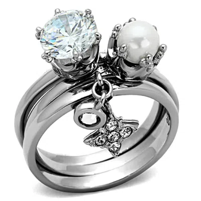 Fashnzfab High Polished (no Plating) Stainless Steel Ring With Aaa Grade Cz In Clear In Metallic