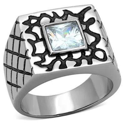 Fashnzfab High Polished (no Plating) Stainless Steel Ring With Aaa Grade Cz In Clear In Metallic