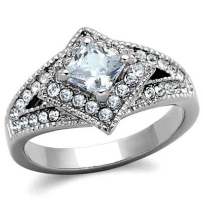 Fashnzfab High Polished (no Plating) Stainless Steel Ring With Aaa Grade Cz In Clear In Metallic