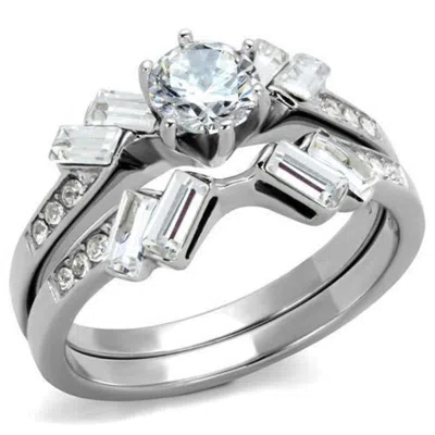 Fashnzfab High Polished (no Plating) Stainless Steel Ring With Aaa Grade Cz In Clear In Metallic