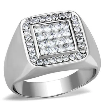 Fashnzfab High Polished (no Plating) Stainless Steel Ring With Aaa Grade Cz In Clear In Metallic