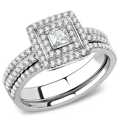 Fashnzfab High Polished (no Plating) Stainless Steel Ring With Aaa Grade Cz In Clear In Metallic