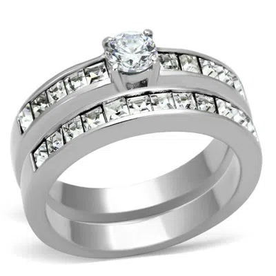 Fashnzfab High Polished (no Plating) Stainless Steel Ring With Aaa Grade Cz In Clear In Metallic