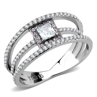 Fashnzfab High Polished (no Plating) Stainless Steel Ring With Aaa Grade Cz In Clear In Metallic