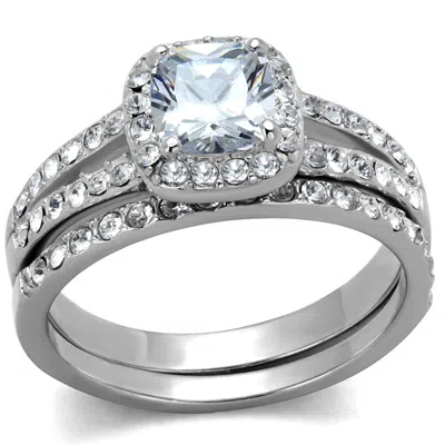Fashnzfab High Polished (no Plating) Stainless Steel Ring With Aaa Grade Cz In Clear In Metallic