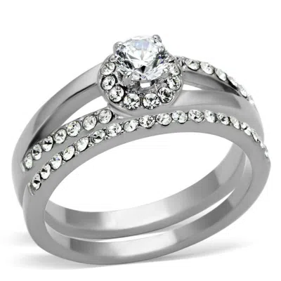 Fashnzfab High Polished (no Plating) Stainless Steel Ring With Aaa Grade Cz In Clear In Metallic