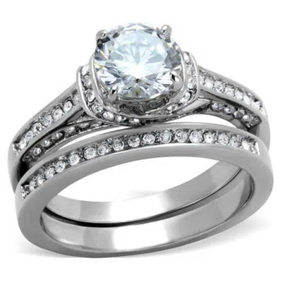 Fashnzfab High Polished (no Plating) Stainless Steel Ring With Aaa Grade Cz In Clear In Metallic