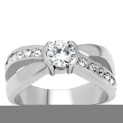 Fashnzfab High Polished (no Plating) Stainless Steel Ring With Aaa Grade Cz In Clear In Metallic