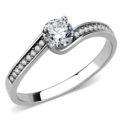 Fashnzfab High Polished (no Plating) Stainless Steel Ring With Aaa Grade Cz In Clear In Metallic