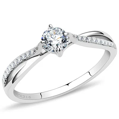 Fashnzfab High Polished (no Plating) Stainless Steel Ring With Aaa Grade Cz In Clear In Metallic