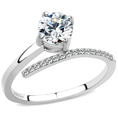 Fashnzfab High Polished (no Plating) Stainless Steel Ring With Aaa Grade Cz In Clear In Metallic