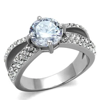 Fashnzfab High Polished (no Plating) Stainless Steel Ring With Aaa Grade Cz In Clear In Metallic